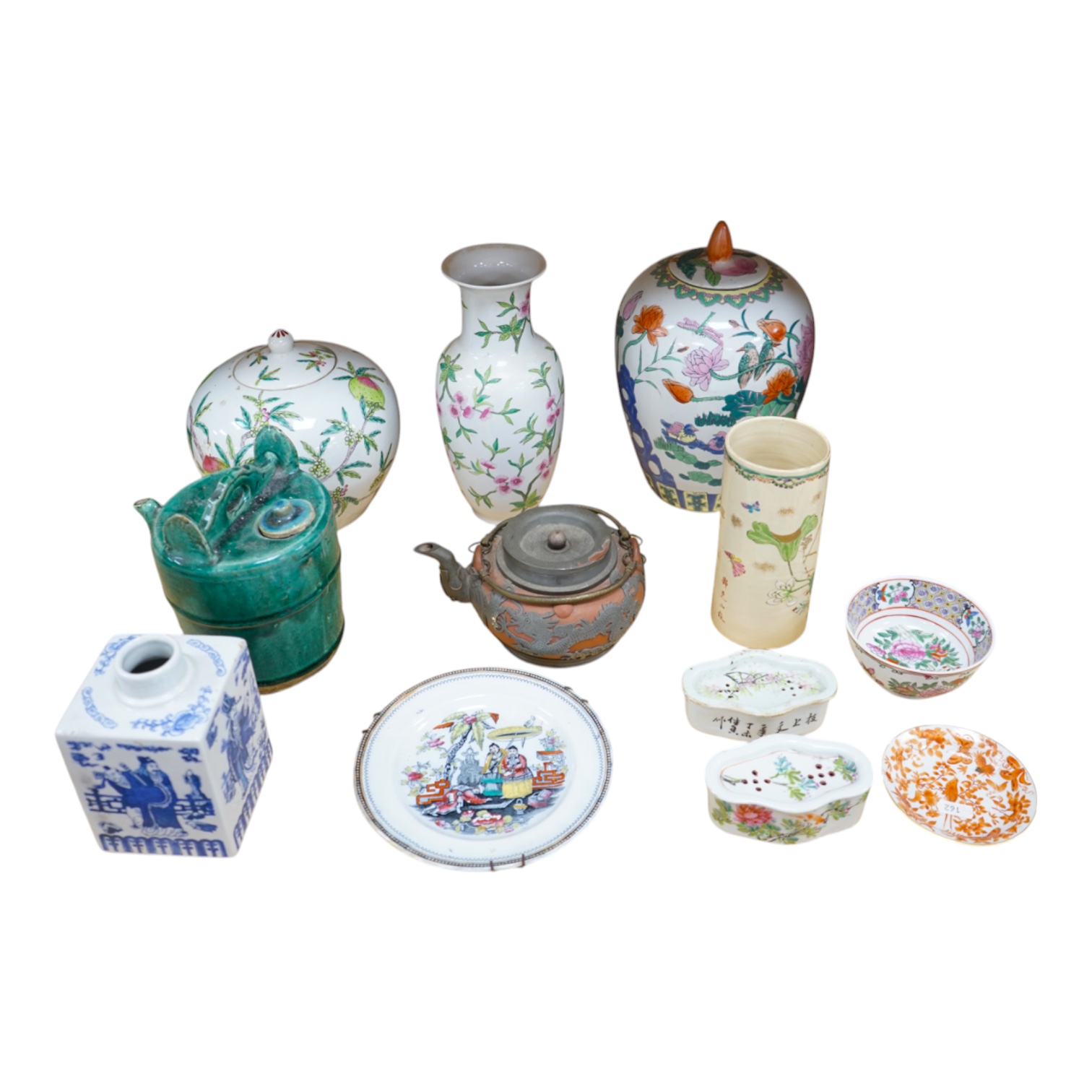 A collection of Chinese ceramics to include and bowls, plates, pottery dragon teapot and a green glaze water carrier, largest 31cm high. Condition - mostly fair